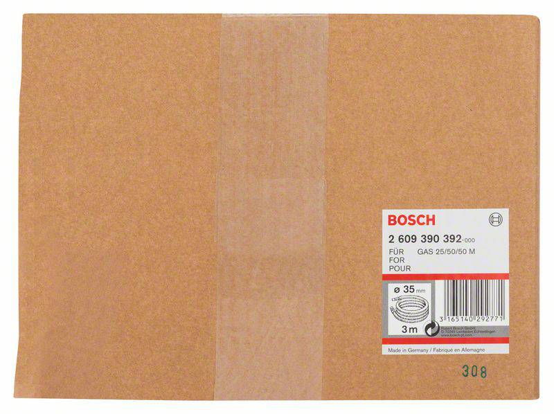 Eine braune Verpackung mit einem Etikett, das die Bosch-Teilenummer 2 609 390 392 und die Spezifikationen für einen Gas 25/50/50 M Staubbeutel zeigt.