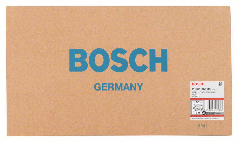 Karton mit blauer Aufschrift 'BOSCH GERMANY'. Rechts unten Etikett mit technischen Details zu einem Produkt, inklusive Länge und Spannung.