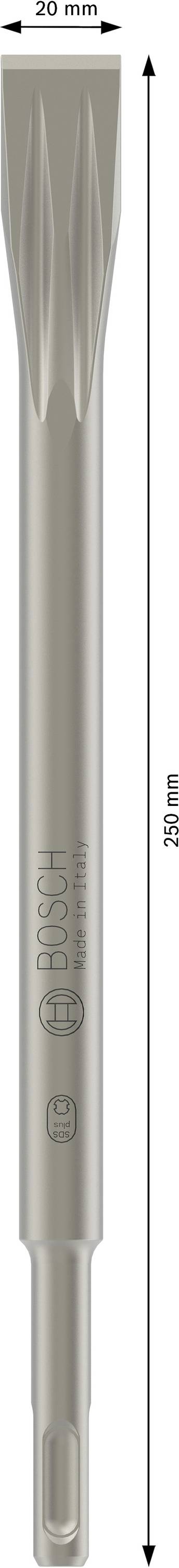 Abbildung eines spitzzulaufenden Bohrers mit Maßen: 20 mm Breite, 250 mm Länge. Geeignet für Arbeiten mit Beton und Naturstein.