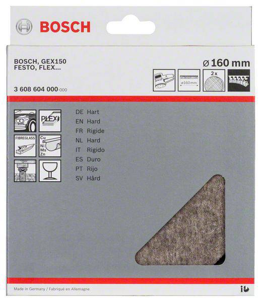 Verpackung eines Bosch-Schleifpapiers für Schleifgeräte, Durchmesser 160 mm, geeignet für harte Materialien, 2 Stück enthalten.