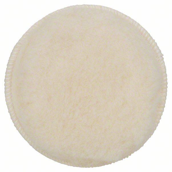 Rundes, flauschiges Polierpad aus hellbeigem Material, anscheinend aus Wolle oder einem ähnlichen Stoff, zur Fahrzeugpflege.