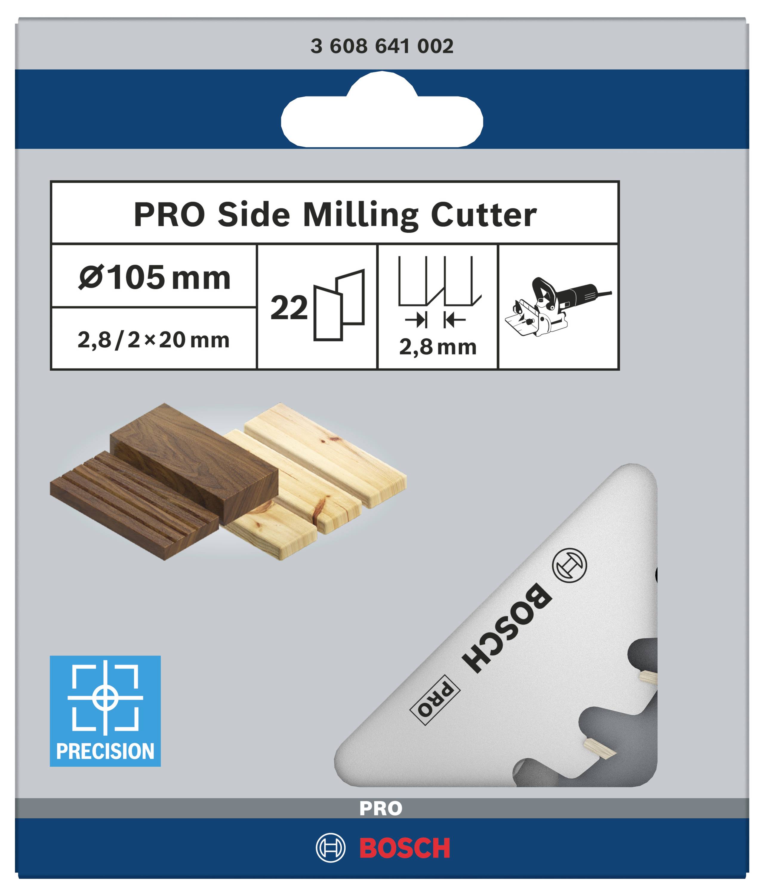 PRO Side Milling Cutter von Bosch, Ø105 mm, 22 Zähne, für präzises Fräsen von Holz. Abbildung zeigt Holzstücke und das Fräserdesign.
