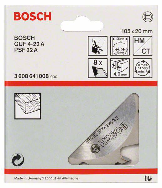 Verpackung von Bosch Fräser. Enthält Modellnamen 'GUF 4-22 A', 'PSF 22 A'. Zeigt Werkzeugstück, Größe 105 x 20 mm, 8 Stück, 4,0 mm Klingen.