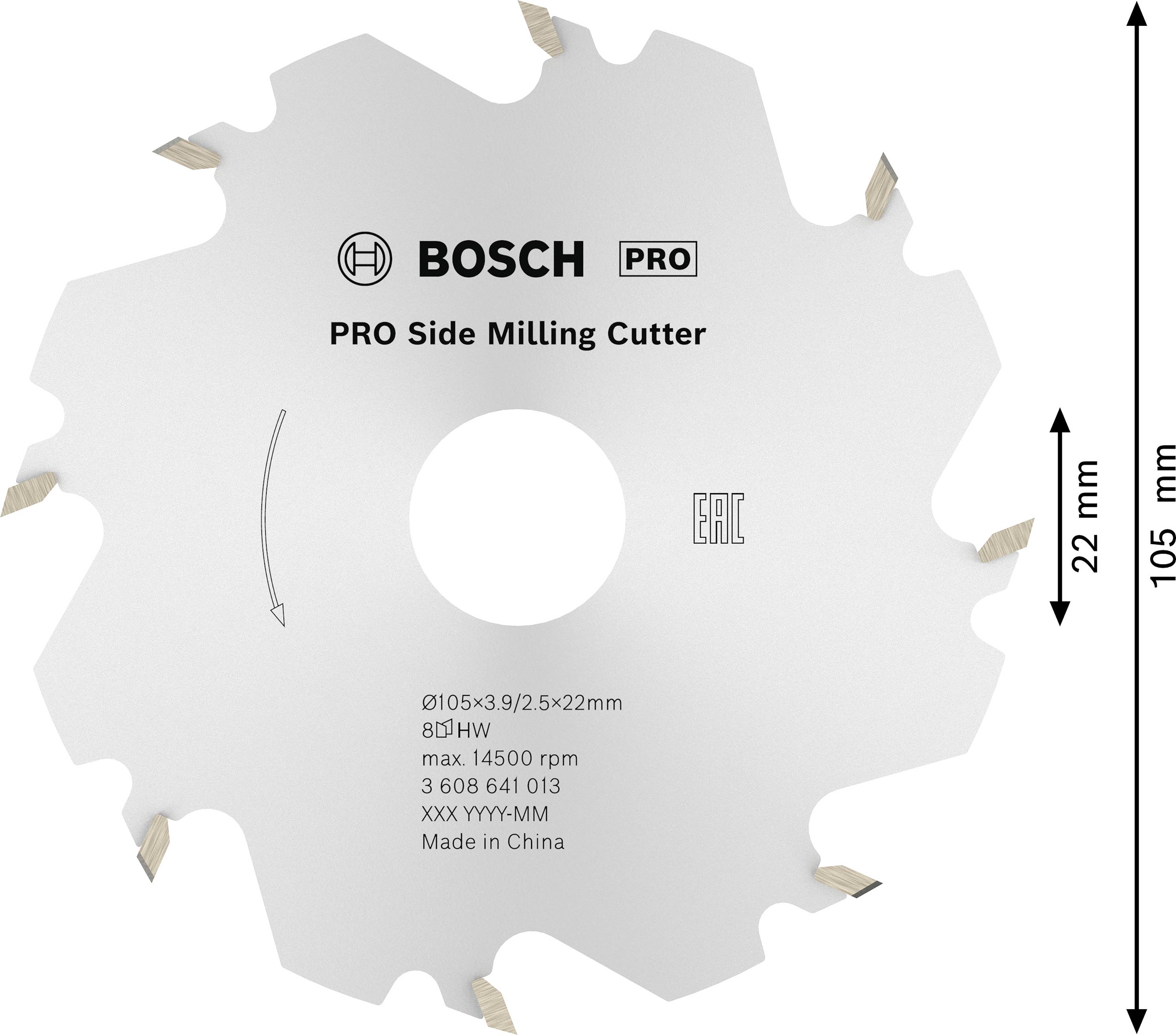 Bosch PRO Fräskopf, Durchmesser 105 mm, Breite 22 mm, zur Seitenbearbeitung. Hergestellt in China, max. 14500 U/min.