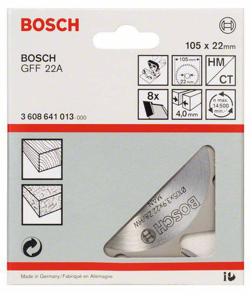 Verpackung eines Bosch-Werkzeugs. Enthält eine Rundfräse GFF 22A mit 105 x 22 mm Maßen, geeignet für HM CT, 8 Stück, 4,0 mm Schnittbreite.