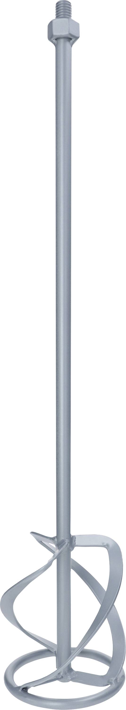Metallrührstab mit spiralförmigem Mischelement, geeignet zum Mischen von Farbe oder Beton, auf neutralem Hintergrund.