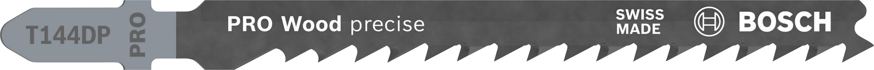 Sägeblatt mit der Aufschrift 'T144DP PRO Wood precise', 'SWISS MADE', 'BOSCH', geeignet für Holzarbeiten.