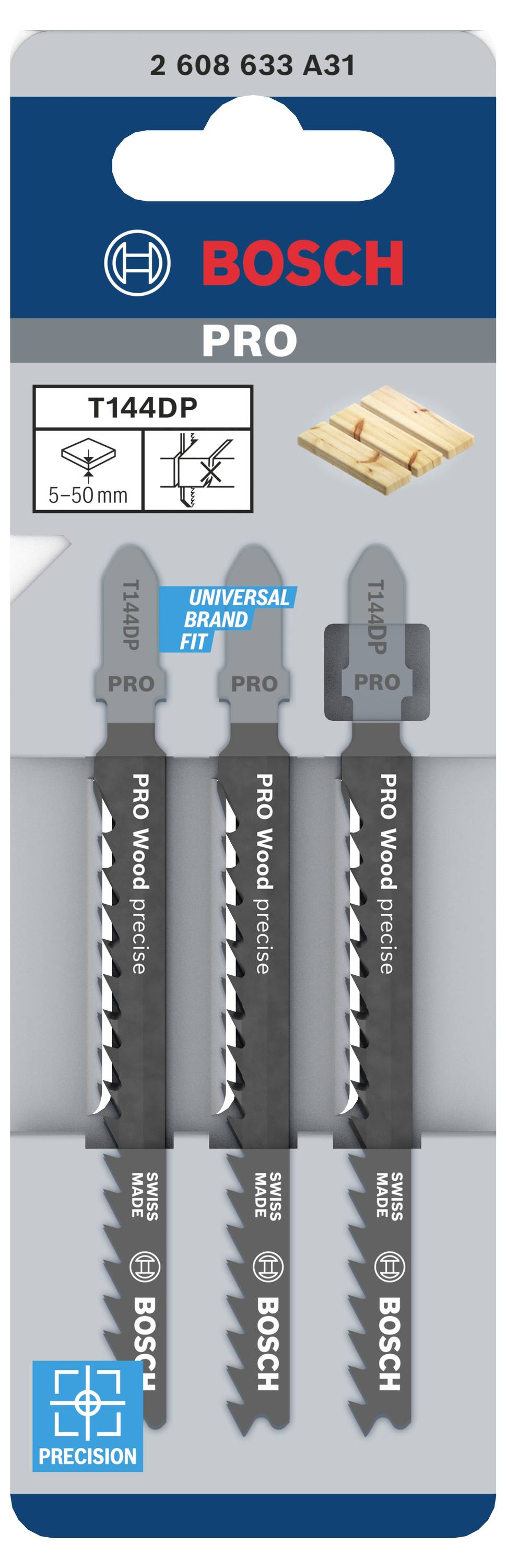 Drei Stichsägeblätter von Bosch für Holz, Modell T144DP, in Verpackung. Geeignet für 5-50 mm Schnitte, universelle Markenkompatibilität.