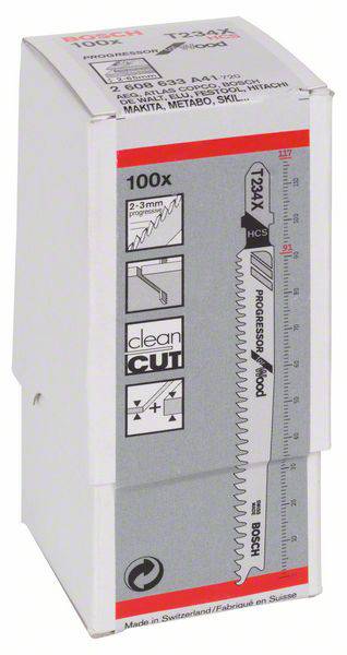 Verpackung einer Bosch Stichsägeblatt-Packung mit 100 Blättern. Enthält Angaben zu Härtegrad, Schnittmaterial und Blattdesign.