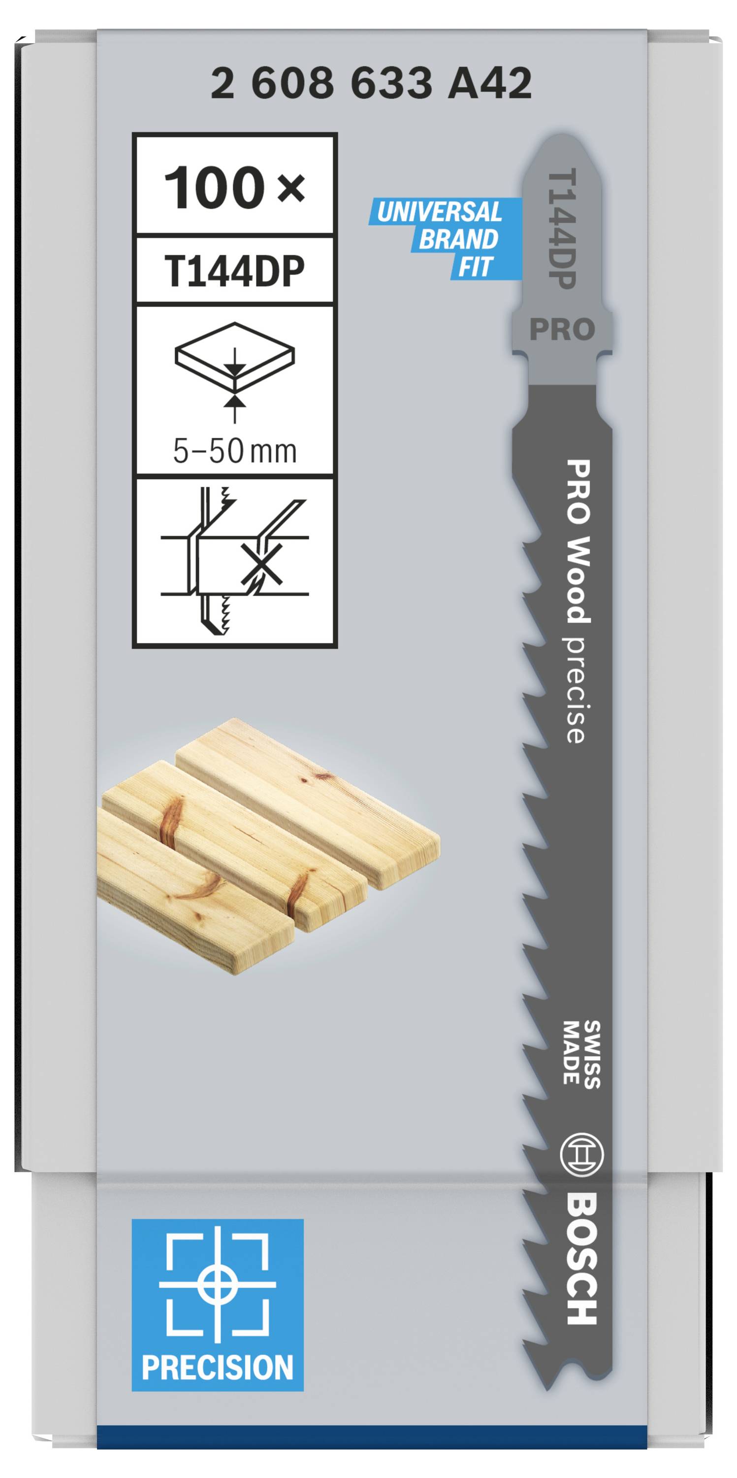'Bosch Stichsägeblatt T144DP' für präzisen Holzzuschnitt 5-50 mm, 100 Stück, mit Universalaufnahme und Bild von Holzverbindung.