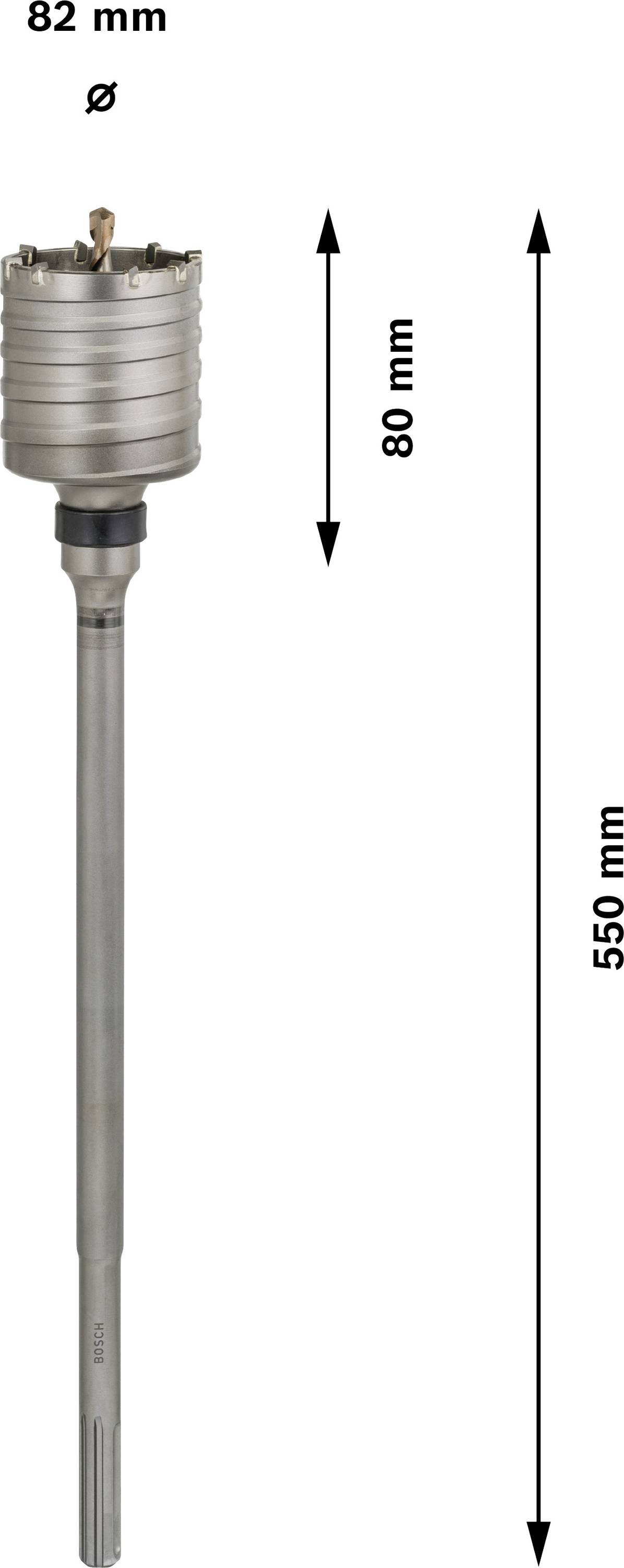 Bohrkrone mit 82 mm Durchmesser und 550 mm Gesamtlänge, Schnittlänge 80 mm.