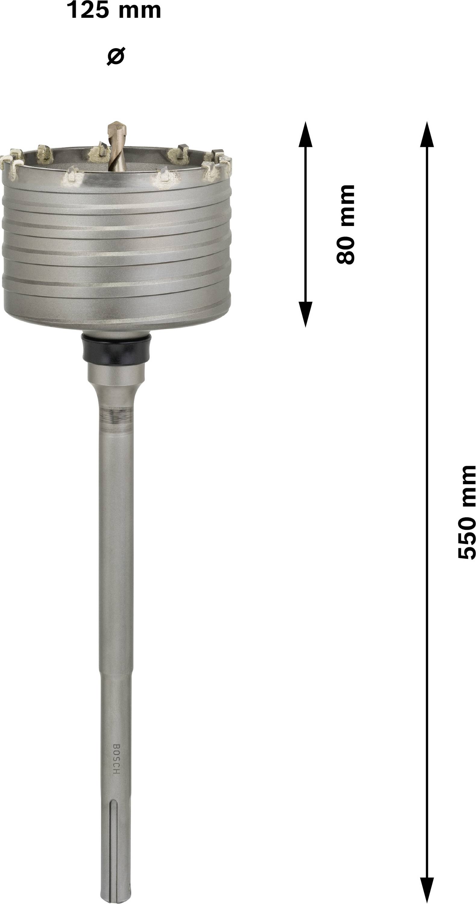 Metallbohrkopf mit 125 mm Durchmesser, 80 mm Höhe und 550 mm Gesamtlänge, einschließlich Schaft.