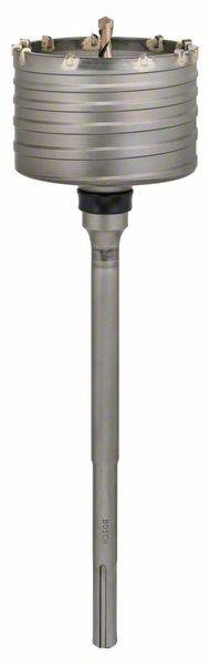 Ein grauer Kernbohreraufsatz aus Metall, zylinderförmig, mit scharfen Schneidezacken oben, vor weißem Hintergrund.