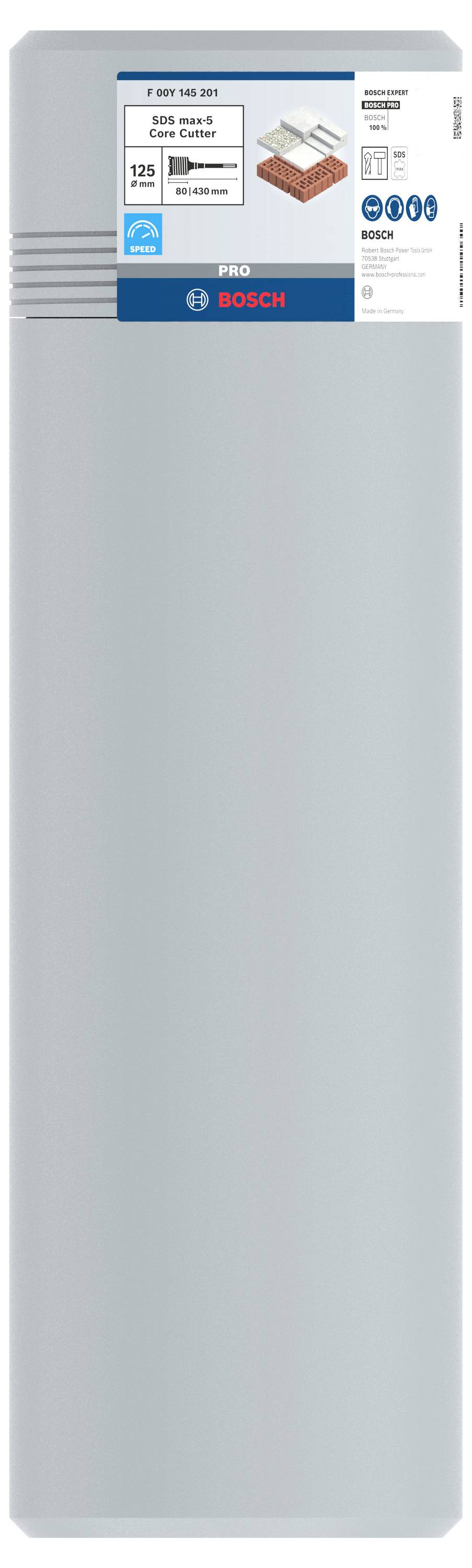 Etikett auf Verpackung eines Bosch-Produkts, zeigt Anwendung für Metallschnitte, Maße und Produktdetails.