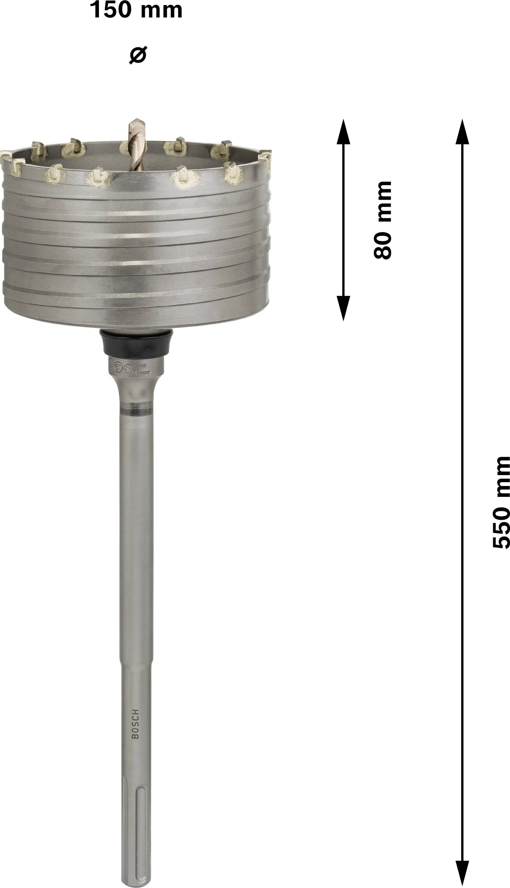 SDS-max Hammerkernbohrer mit Durchmesser 150 mm, Länge 550 mm. Geeignet für Bohren in Beton. Länge des Bohreraufsatzes: 80 mm.