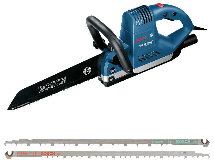 Bosch Elektrokettenreife mit angebrachten Sägeklingen auf weißem Hintergrund.