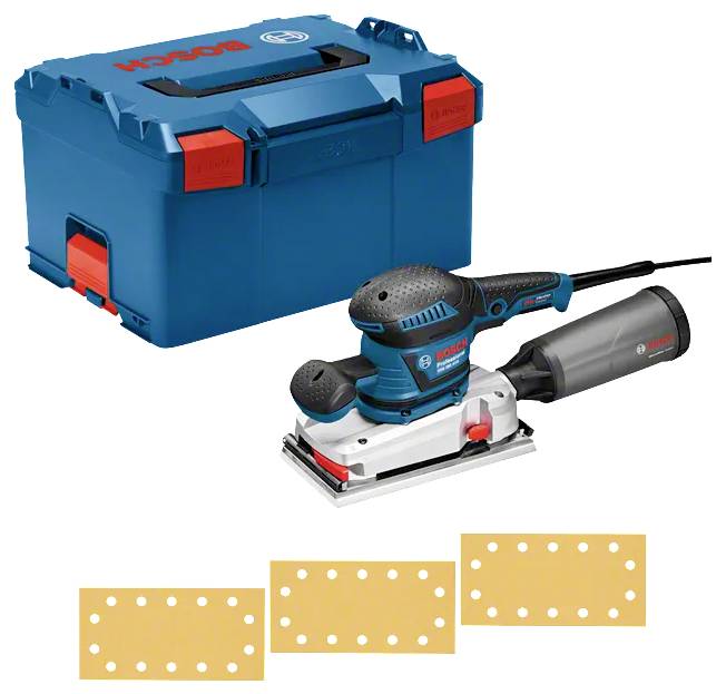 Bosch-Exzenterschleifer mit Staubbehälter und Transportkoffer, darunter drei Schleifblätter abgebildet.