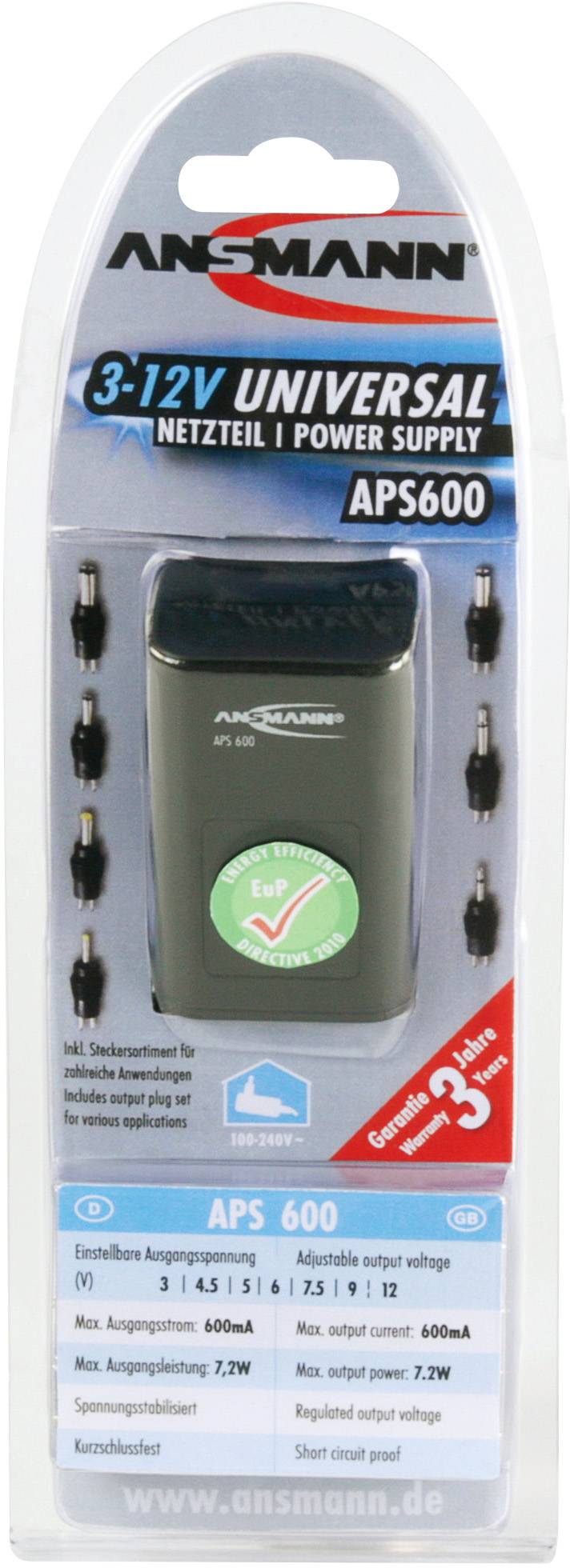 Ansmann 1201-0000 Steckernetzteil, einstellbar 3 V/DC, 4.5 V/DC, 5 V/DC, 6 V/DC, 7.5 V/DC, 9 V/DC, 12 V/DC 600mA 7.2W