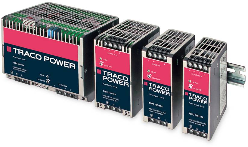 Viereinhalb Industrienetzteile von TRACO POWER in einer Reihe. Links ein größeres mit der Bezeichnung TIB 240-124, rechts kleinere Modelle.