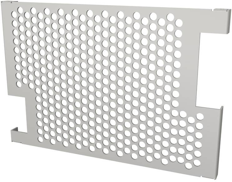 Das Bild zeigt eine graue, rechteckige Metallplatte mit vielen runden Löchern, die in Reihen angeordnet sind.