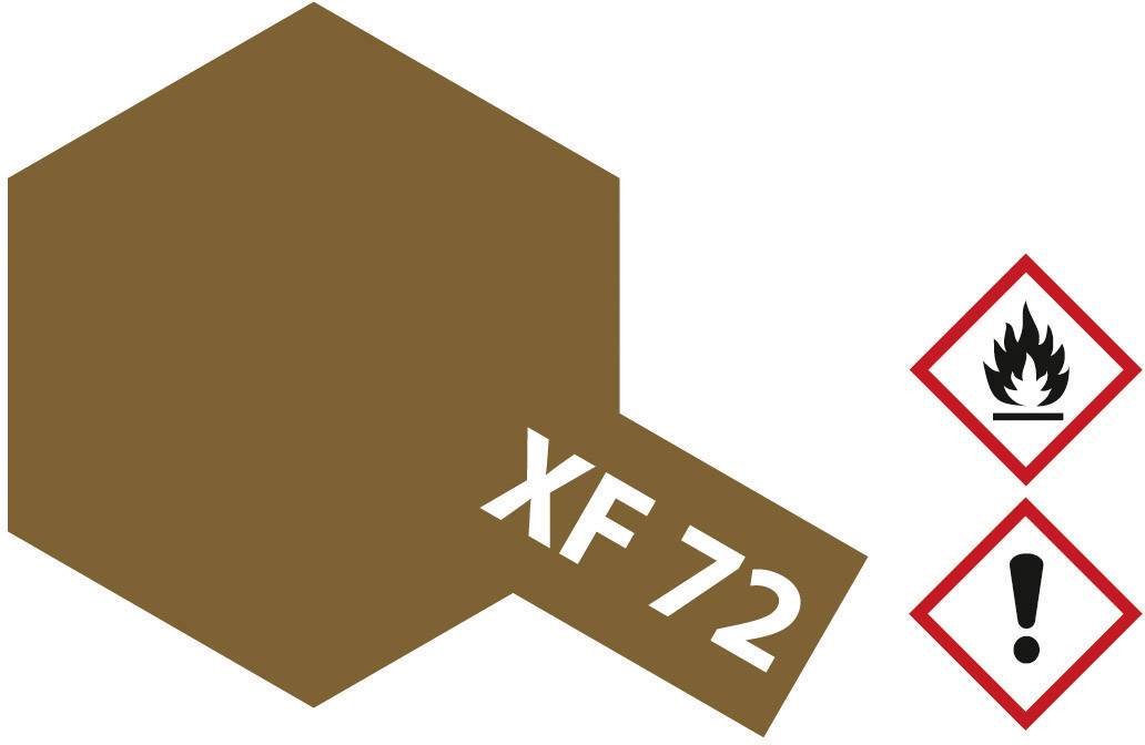 Braune Farbfläche mit der Aufschrift 'XF 72'. Daneben zwei Gefahrensymbole: Flamme und Ausrufezeichen.