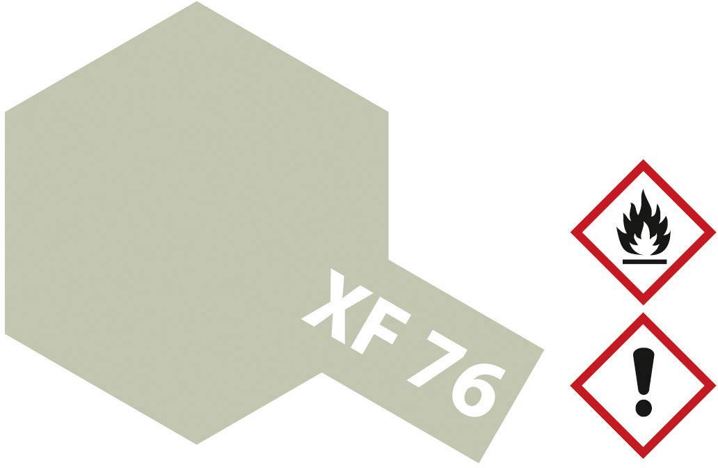 Sechseckige graue Farbfläche mit Aufschrift 'XF 76'. Rechts daneben sind Gefahrensymbole: Flamme für Entzündlichkeit und Ausrufezeichen für Achtung.