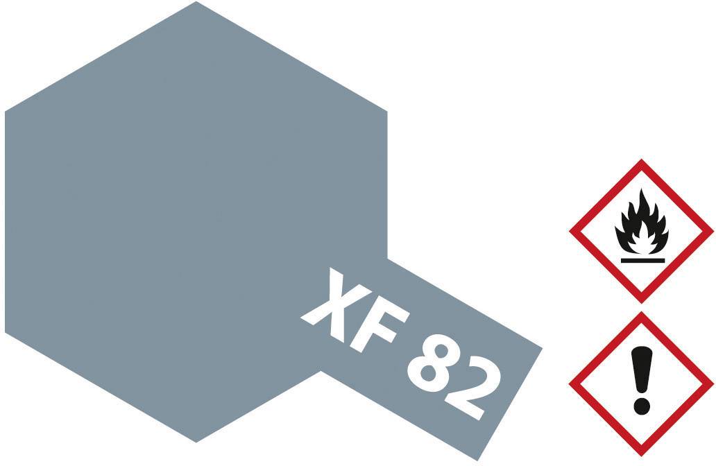 Graublaues Farbfeld mit der Aufschrift 'XF 82'. Daneben zwei Symbole: Flamme für Entflammbarkeit und Ausrufezeichen für Vorsicht.