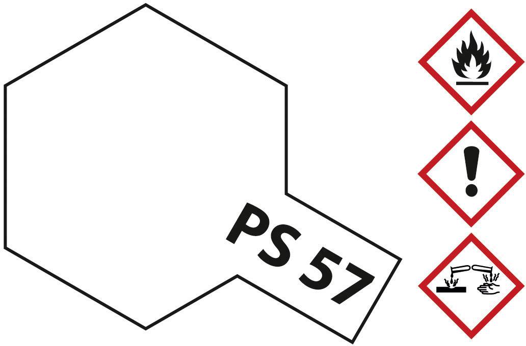 Bild eines Hexagon-Symbols mit der Aufschrift 'PS 57', daneben drei Gefahrensymbole: brennbar, Achtung und ätzend.