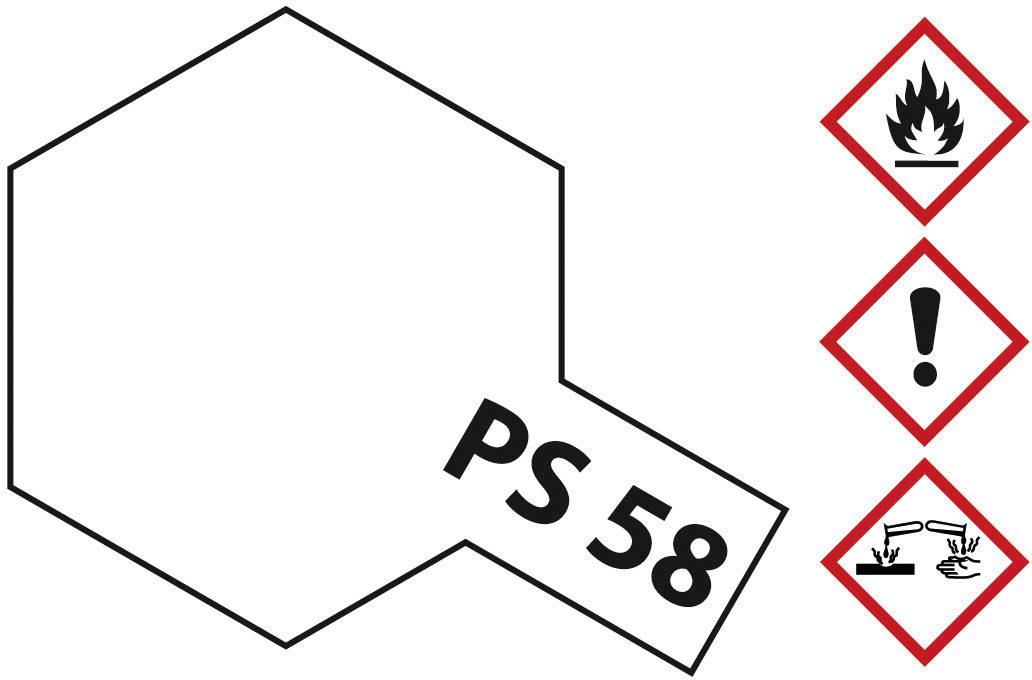 'PS 58'-Strukturformel neben Gefahrensymbolen: Flamme für Entzündlichkeit, Ausrufezeichen für Warnung, Säure auf Hände für ätzend.