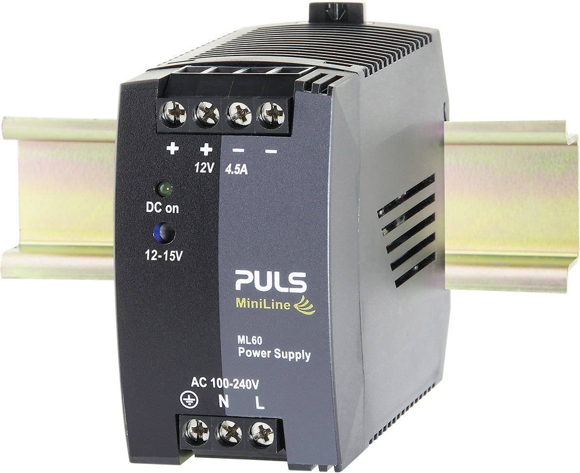 Schaltnetzteil 'PULS MiniLine' mit Eingang AC 100-240V und Ausgang 12V/4.5A, montiert auf einer DIN-Schiene.