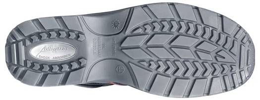 Bodenansicht einer grauen Schuhsohle mit tiefem Profil und einem ovalen 