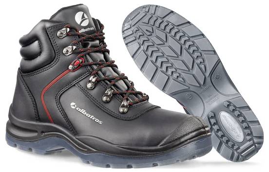 Schwarze Albatros-Sicherheits-Wanderstiefel mit roten Schnürsenkeln, in Seiten- und Sohleneansicht gezeigt, um das robuste Profil und das Schutzdesign hervorzuheben.