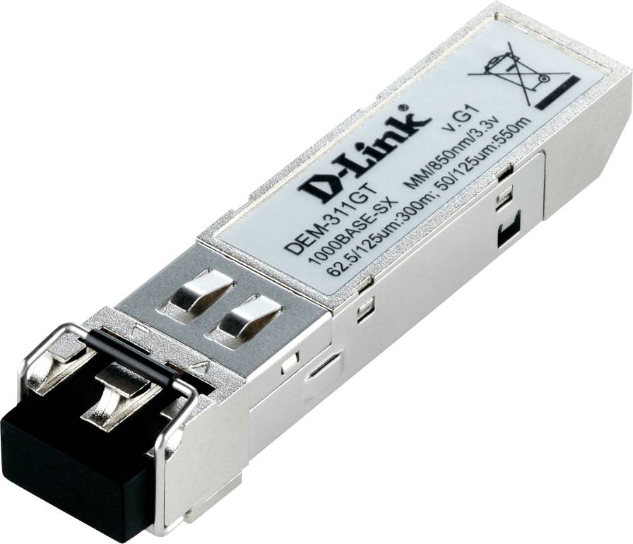 D-Link SFP-Optikaltranceiver-Modul auf weißem Hintergrund, in Schrägansicht mit schwarzem Steckeranschluss und silbernem Gehäuse dargestellt.