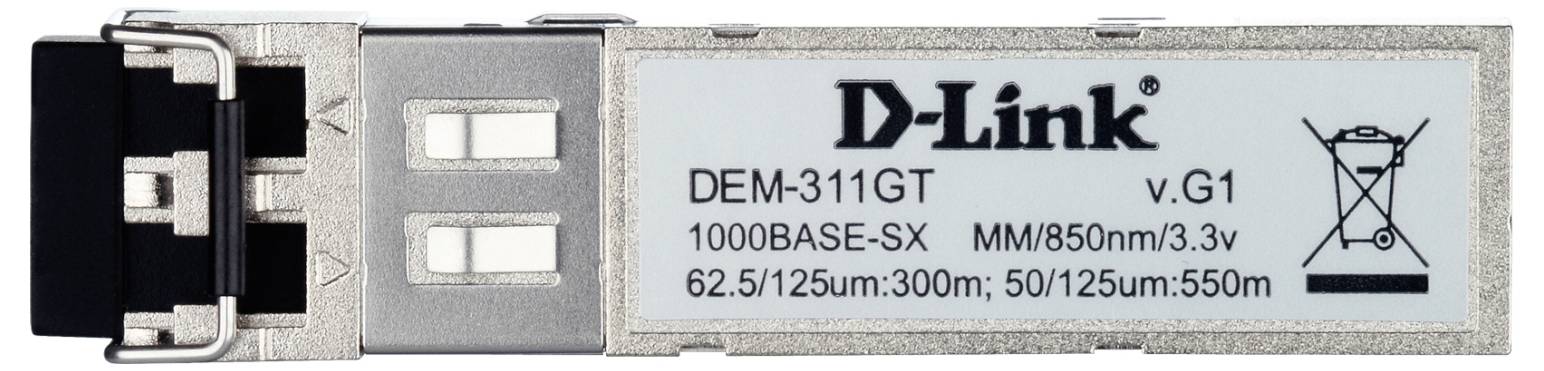D-Link DEM-311GT Faseroptik-Transceiver-Modul, gekennzeichnet mit 1000BASE-SX und MM/850nm, mit LC-Steckverbinder und Konformitätssymbolen.