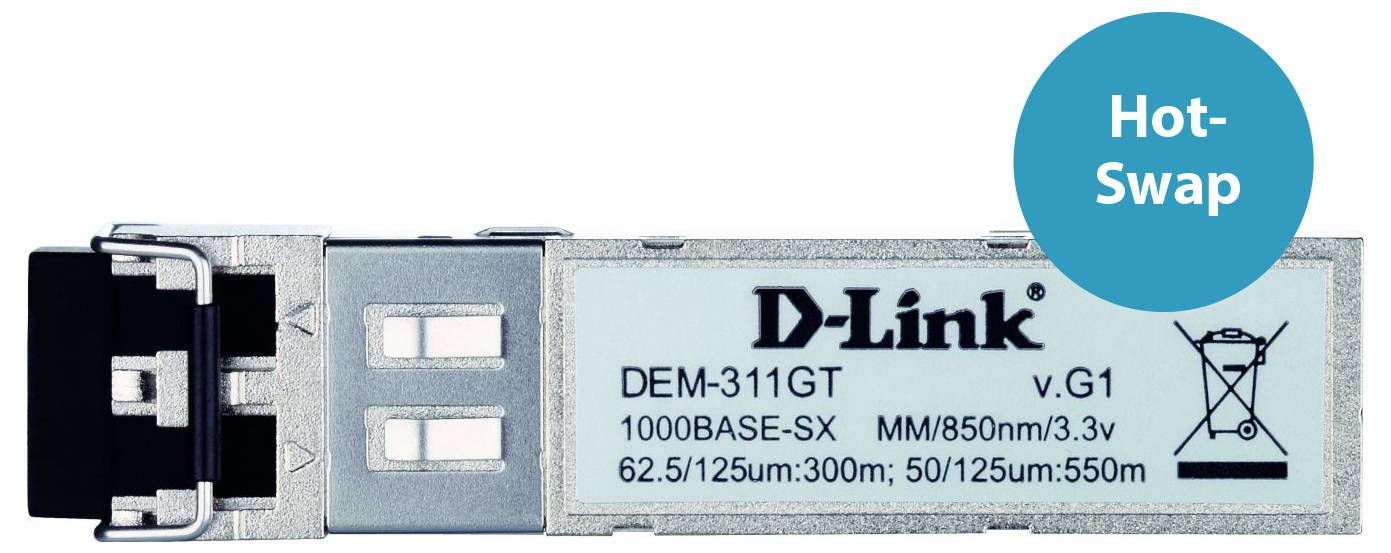 D-Link DEM-311GT Hot-Swap 1000BASE-SX SFP-Transceiver-Modul mit Metallgehäuse und Faserport