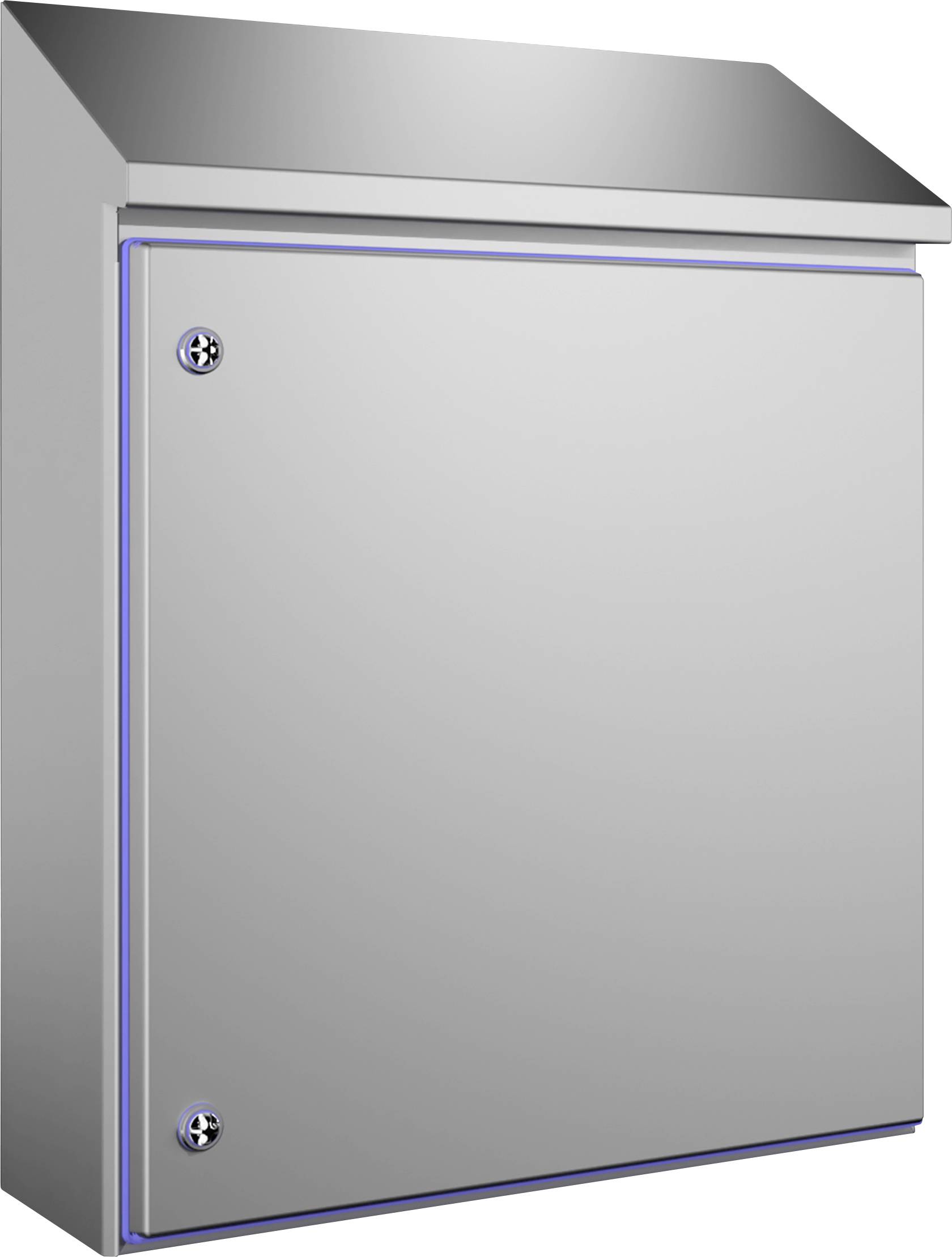 Metallschrank, rechteckig mit schrägem Dach, zwei sichtbare Schrauben an der Vorderseite. Modernes Design, schlichtes Äußeres.