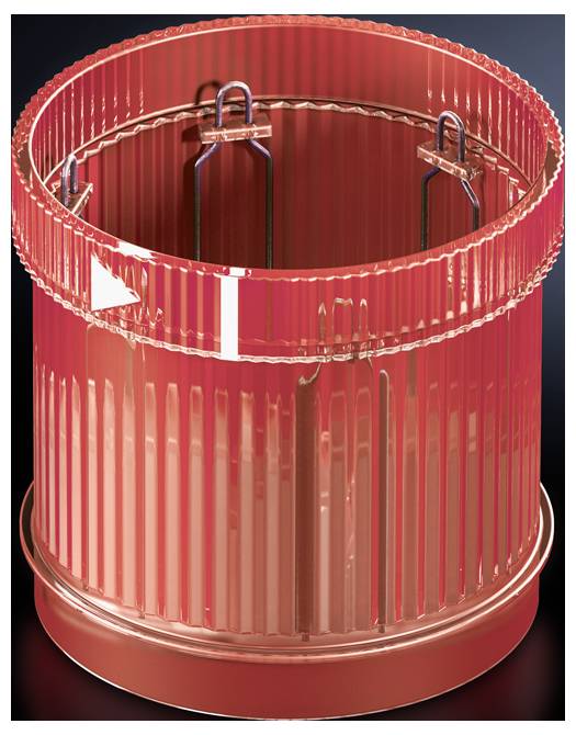 Runder, roter, gerippter Zylinder mit Metallklammern, möglicherweise Teil eines technischen Geräts oder einer Maschine.