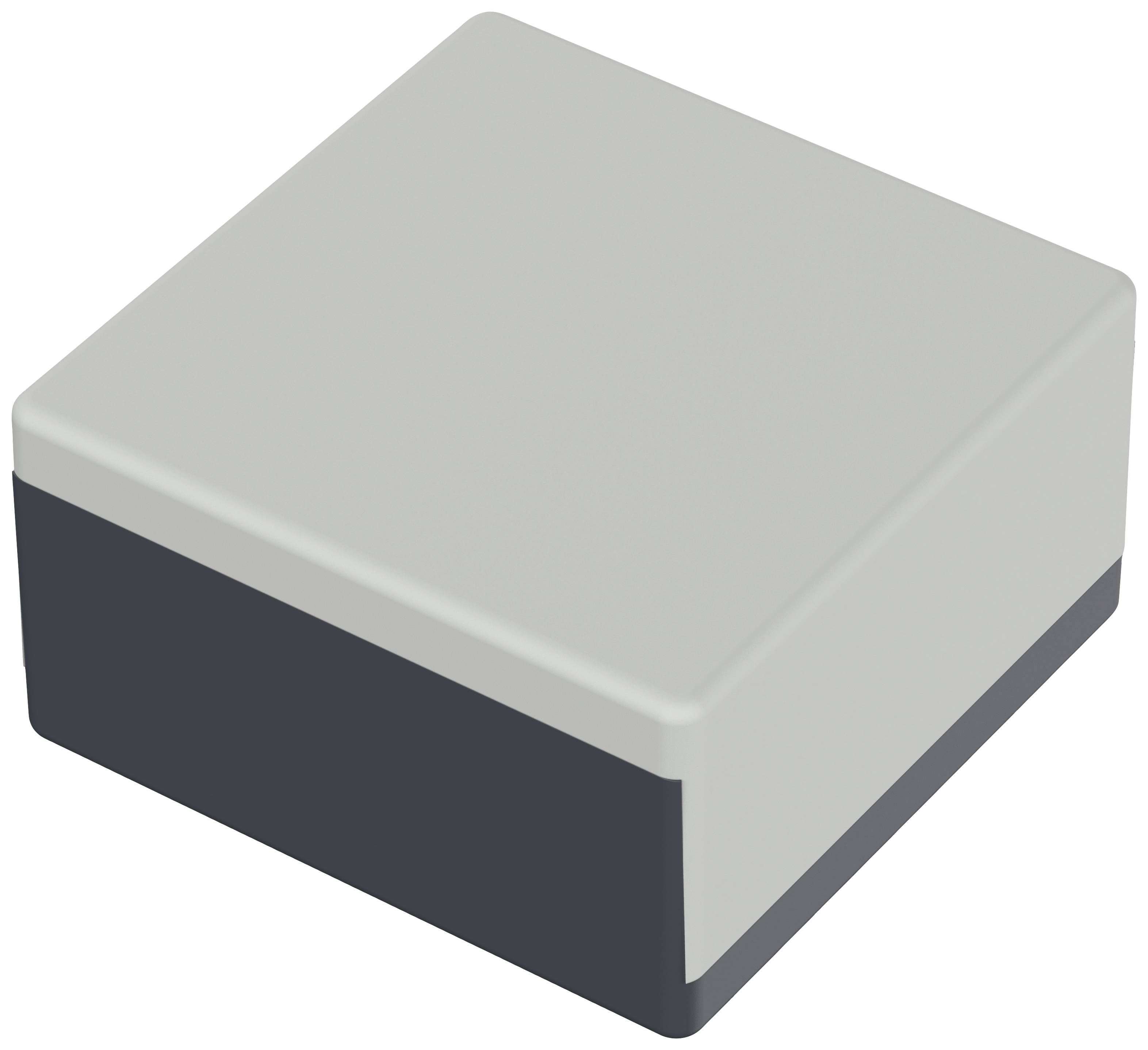 Ein graues, quadratisches Plastikgehäuse mit abgerundeten Ecken, geeignet für den Schutz elektronischer Komponenten.