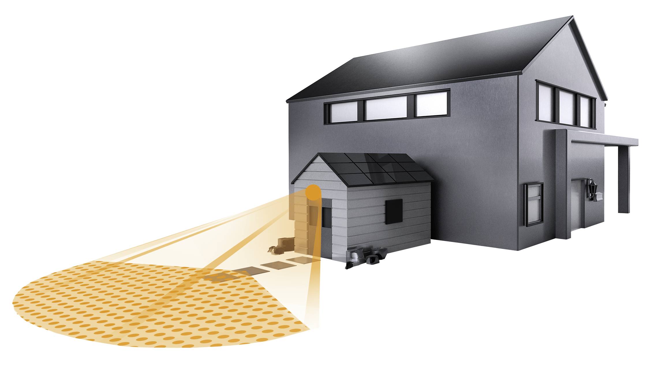 Ein modernes Wohnhaus mit Sensor, der den Bereich vor einem Anbau oder einer Garage überwacht. Der sensorische Bereich ist hervorgehoben.