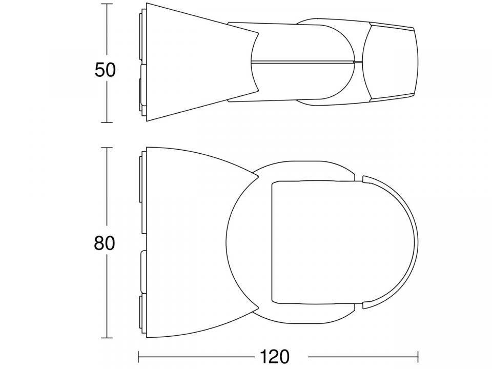 Konstruktionszeichnung einer Toilette von oben und von der Seite. Die Maße sind 50 cm hoch, 80 cm tief und 120 cm breit.