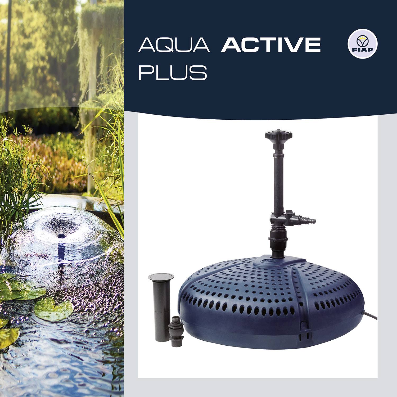 Eine Gartenansicht mit einem runden, blauen Teichbelüfter im Vordergrund. Logo und Schriftzug: 'AQUA ACTIVE PLUS'.