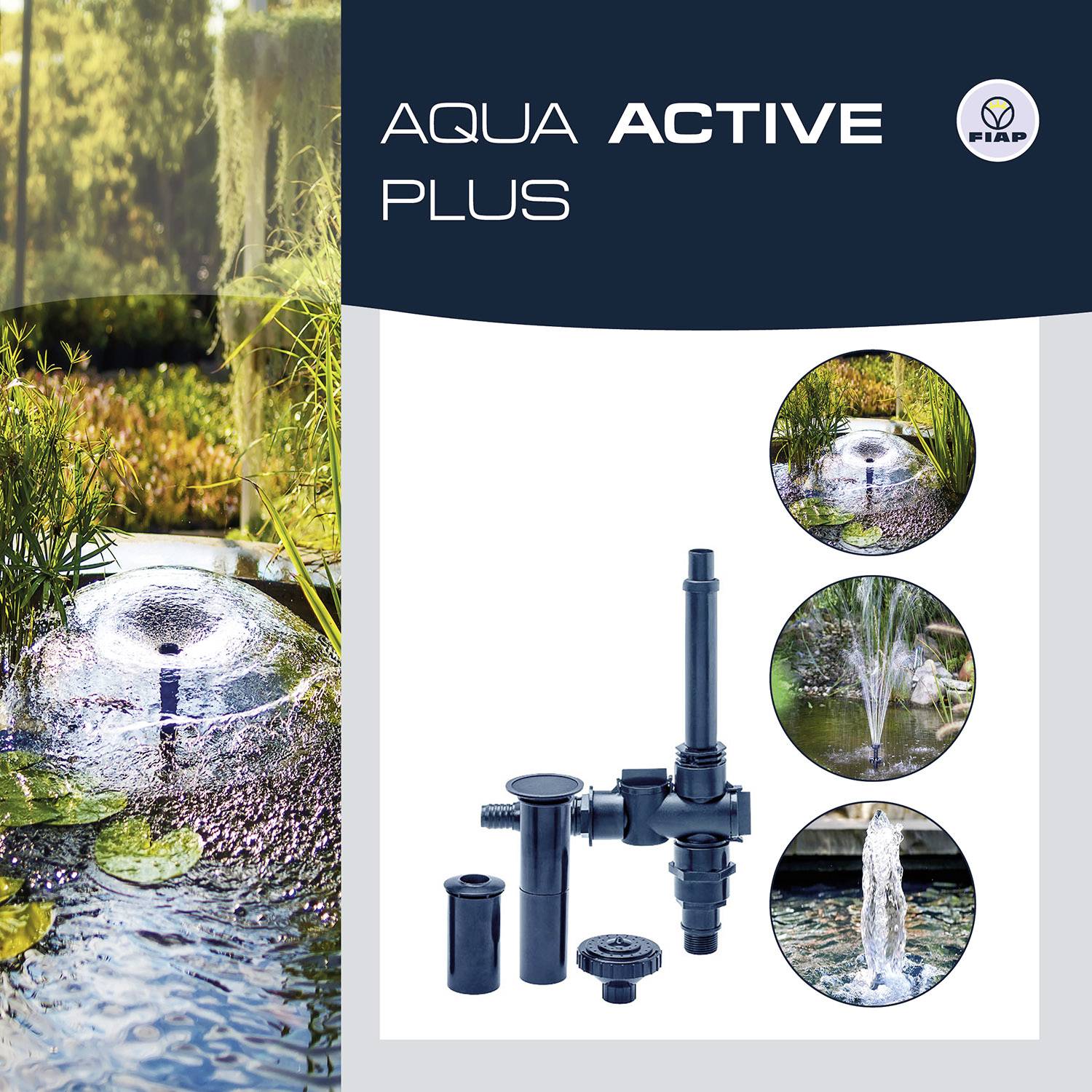 'FIAP Aqua Active Plus' Fontäne und Düsen, dargestellt auf Bild mit verschiedenen Wassereffekten: Glocken-, Kaskaden- und Schaumfontäne.