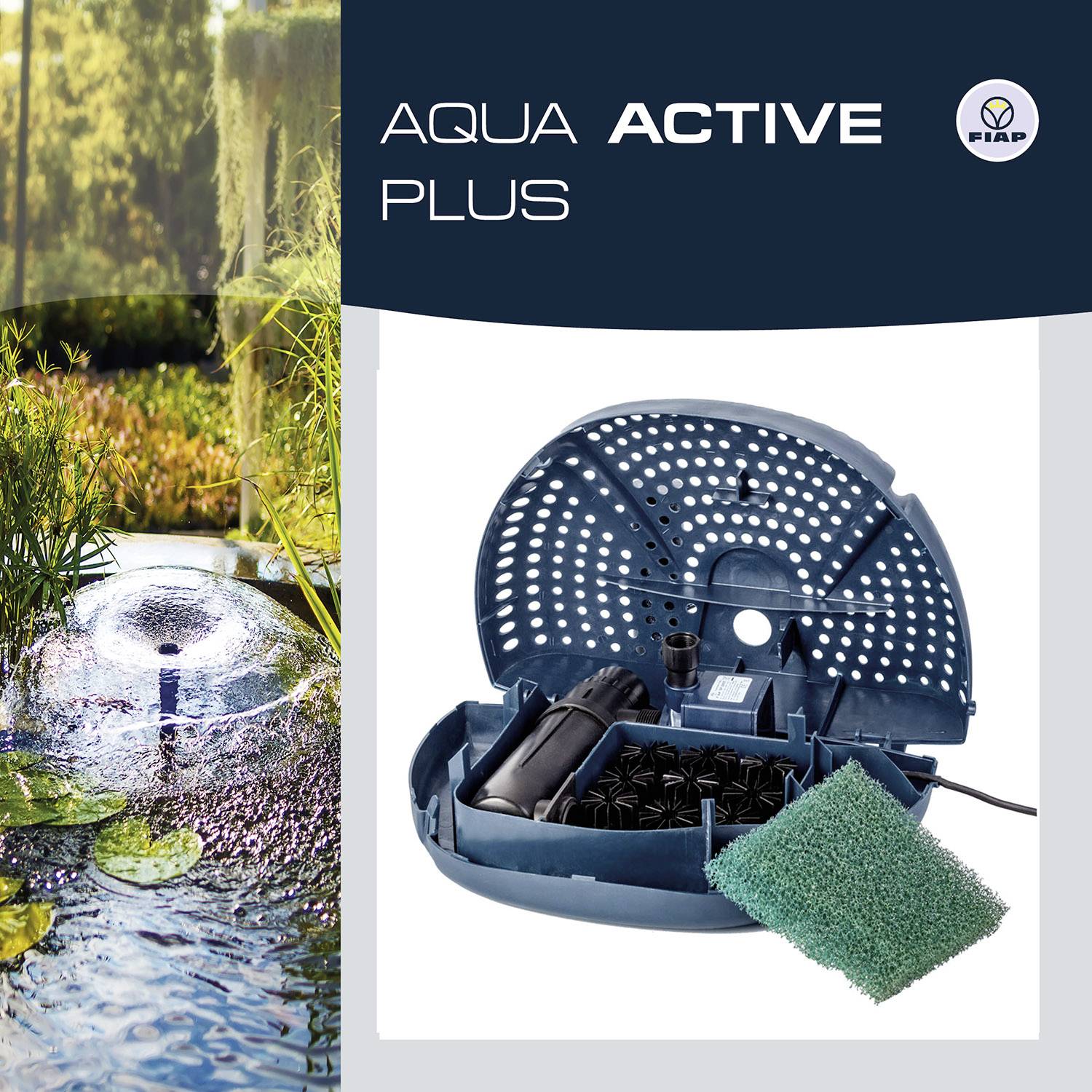 Gezeigte Pumpe und Zubehör für Gartenteiche. Links sprudelt Wasser im Teich, rechts Detail der Pumpe und schwammartiger Filter.