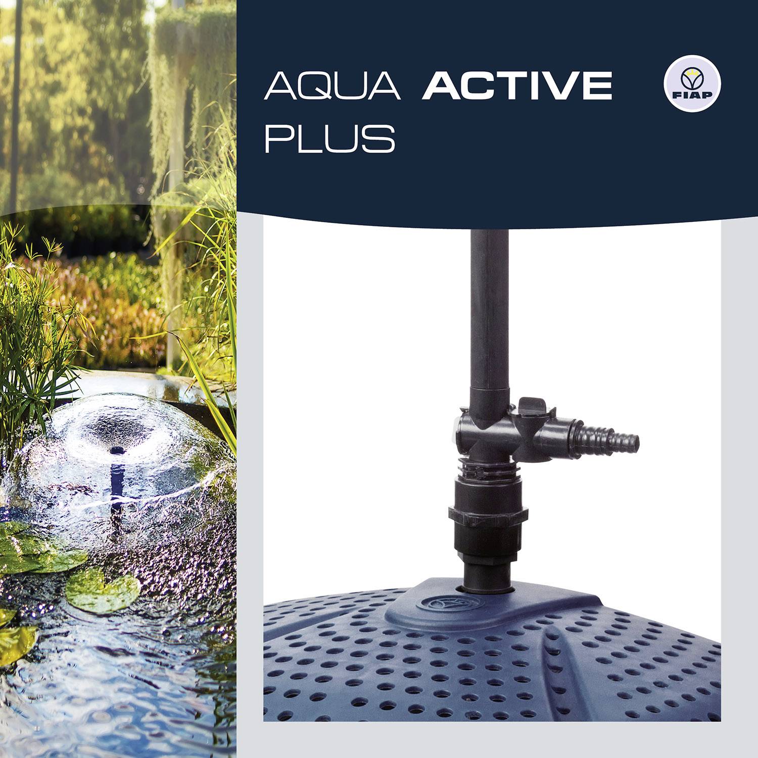 Bildausschnitt eines Teichfilters Fiap Aqua Active Plus mit Pflanzen im Hintergrund. Abbildung des Produkts mit markantem Design.