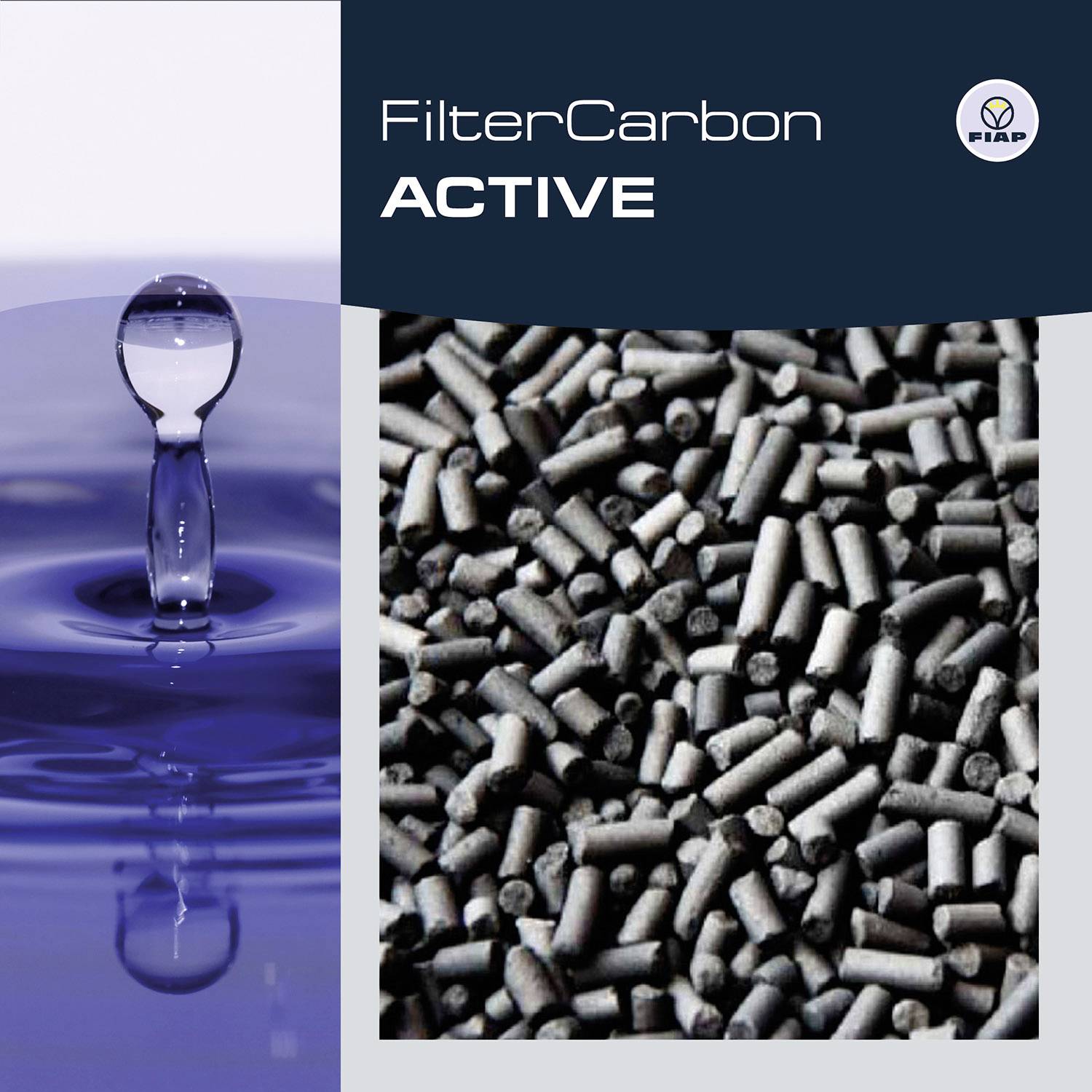 'FilterCarbon Active': Links ein Wassertropfen beim Fallen ins Wasser; rechts Aktivkohlepellets.