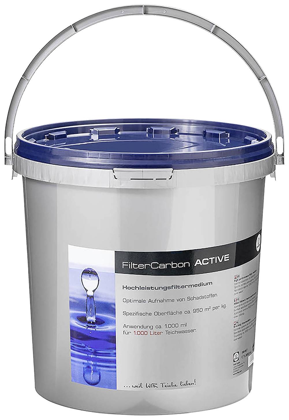 Ein grauer Eimer mit blauem Deckel, beschriftet mit 'FilterCarbon ACTIVE'. Enthält Hochleistungsfiltermedium zur Wasserreinigung.