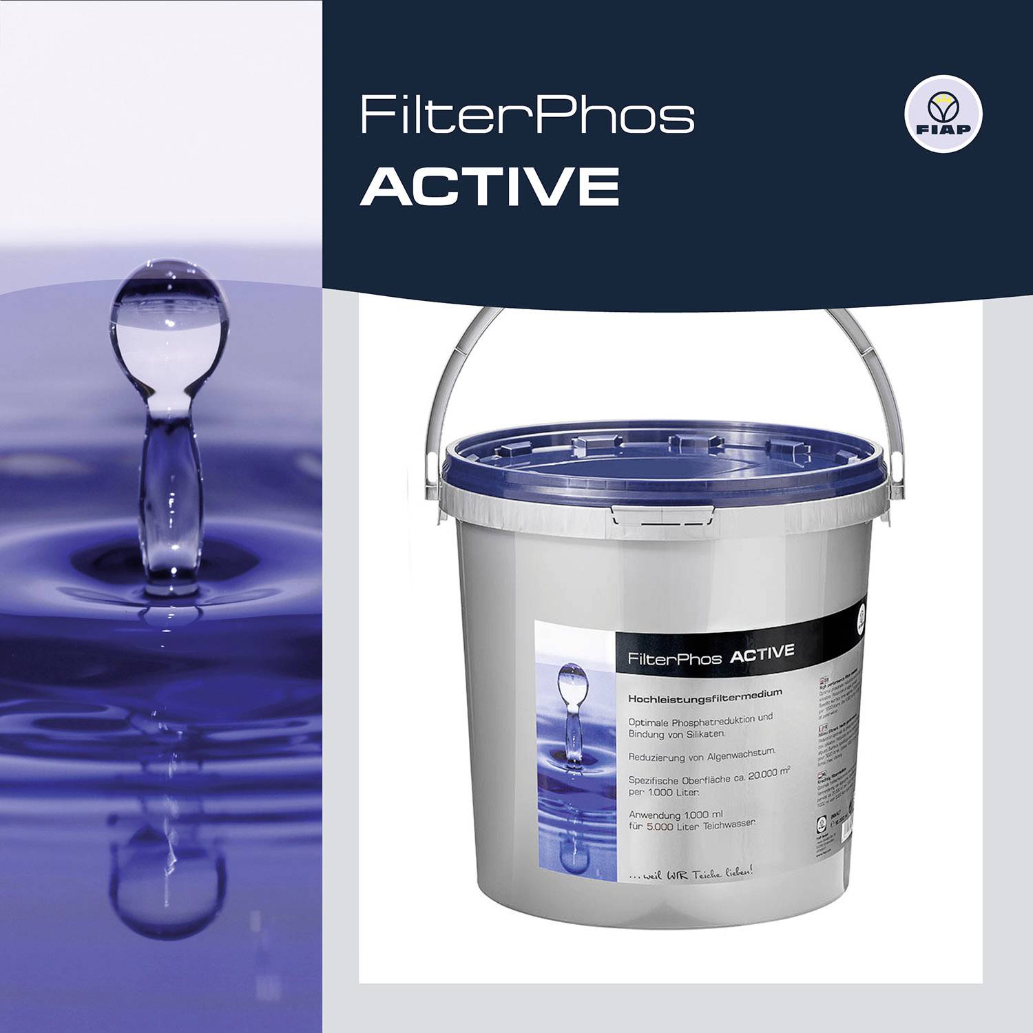 Ein Eimer von FIAP mit 'FilterPhos ACTIVE'. Aufschrift beschreibt: Hochleistungs-Phosphatbinder, klareres Wasser, Inhalt 3 kg.