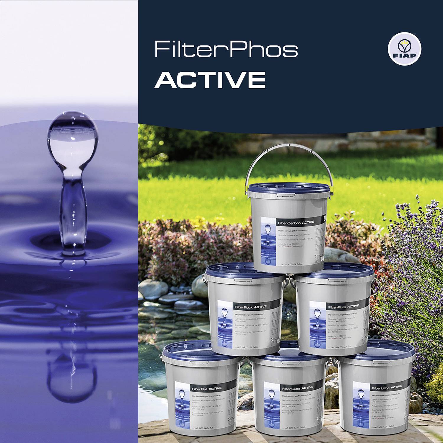 FilterPhos ACTIVE Produktanzeige: Ein Wassertropfen spritzt in die Luft, im Vordergrund stapeln sich vier Eimer FilterPhos ACTIVE.