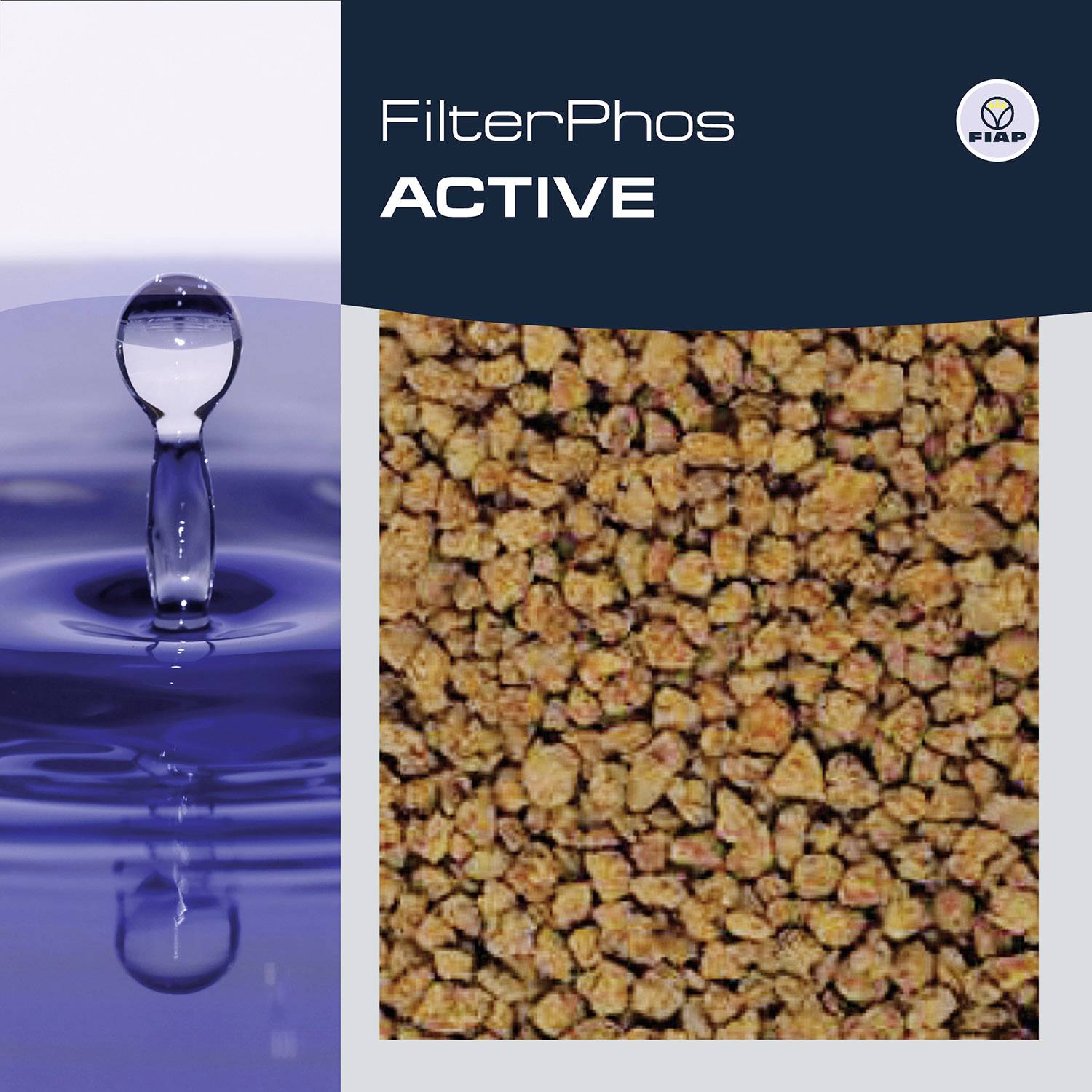 'FilterPhos ACTIVE' Produktverpackung zeigt eine Nahaufnahme einer Wassertropfen-Kollision. Rechts Pellets des Produkts.