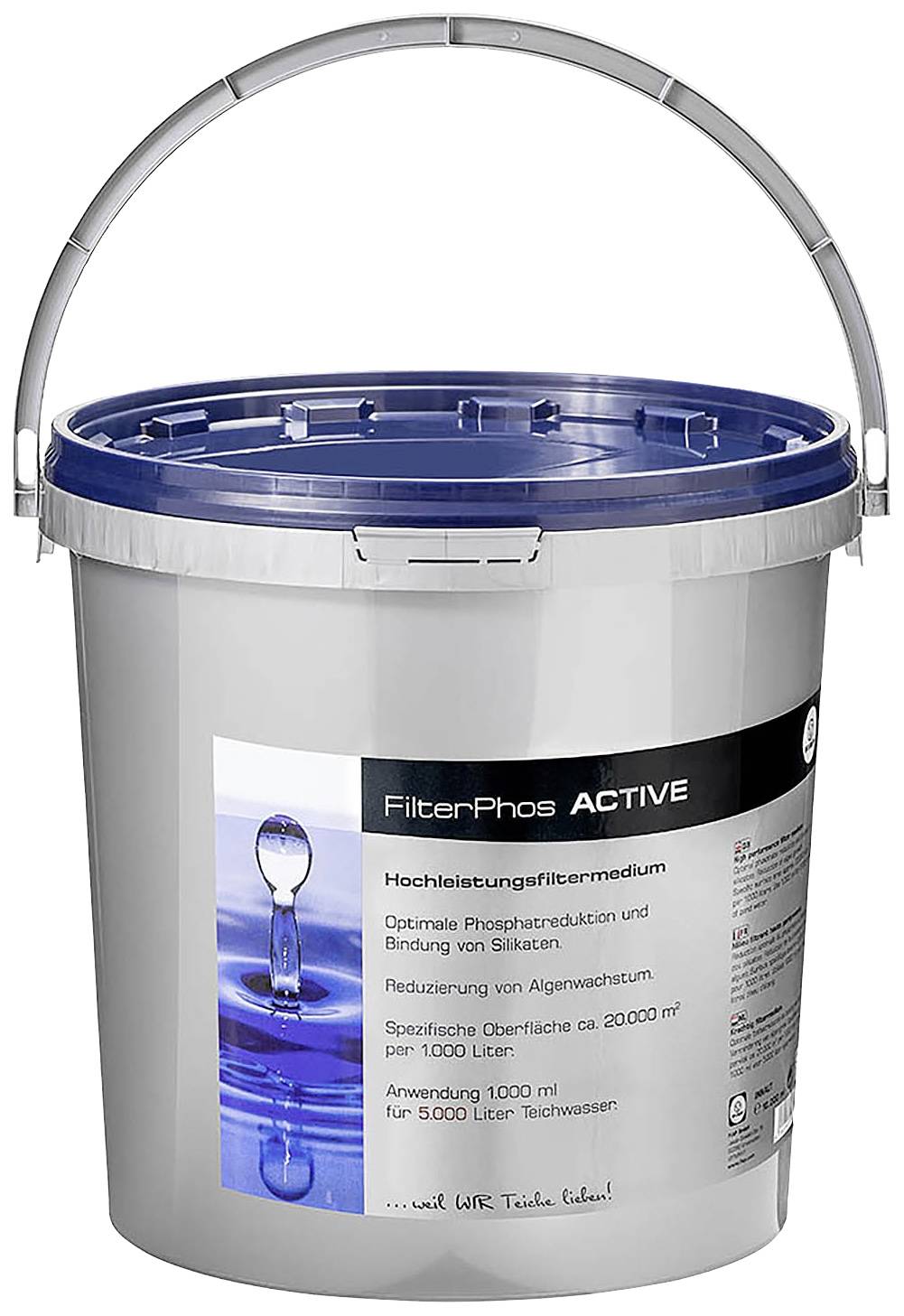 Ein runder Eimer mit der Aufschrift 'FilterPhos Active'. Er enthält ein Mittel zur Reduzierung von Phosphaten in Teichen.